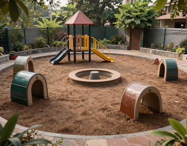 A safe outdoor play area of the Hyderabad center with soft ground covering and small play structures, surrounded by a secure fence and greenery.