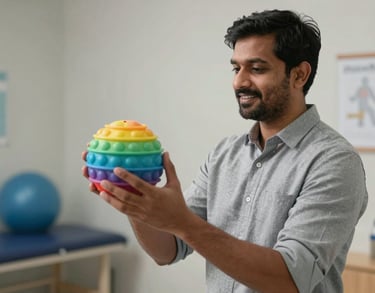A South Asian male occupational therapist in a therapy room, holding a colorful sensory ball, looking friendly and professional. He is dressed in business casual attire suitable for a clinical role.