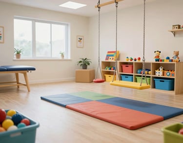A brightly lit therapy room at the Hyderabad center, featuring soft mats, colorful sensory swings, and organized bins of toys, all designed for South Asian childcare needs.