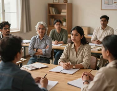A group of South Asian parents participating in a workshop at the center, listening attentively to a therapist in a warm, welcoming community room.