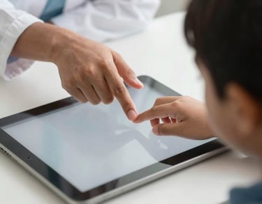 Close-up of a child's hand using an iPad for a communication therapy session, with a South Asian therapist's hand guiding gently in a focused, evidence-based setting.