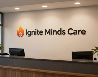A neat, professional reception area of Ignite Minds Care, featuring a logo with a flame and brain symbol, with warm lighting and a South Asian aesthetic.