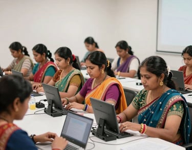 A high-quality photograph of South Asian tribal women participating in a vocational training workshop. They are using modern equipment in a clean, brightly lit community hall.