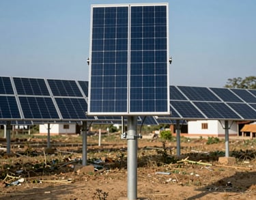 A photograph of a newly installed solar power grid in a rural South Asian village. The modern equipment stands in front of a clean, traditional landscape under a medium blue sky.