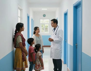 A photograph of a modern rural medical clinic in the South Asian countryside, featuring clean white walls and blue accents. A medical professional is seen talking to a local family in a bright, trust-inspiring hallway.