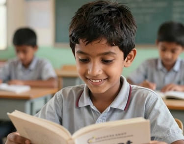 A close-up photograph of a South Asian child in a clean classroom setting, smiling while reading a book. The background is soft-focus, showing a modern, well-lit rural school environment supported by the trust.
