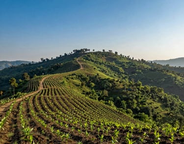 A wide-angle landscape photograph of a lush, reforested hill in Chhotaudepur, South Asian region, under a bright morning sun. The scene highlights environmental sustainability with saplings growing in rows. Deep blue sky and light blue hues in the atmosphere.