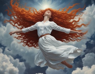 A woman with long flowing red hair wearing a white dress floats in a cloudy blue sky under bright sun.