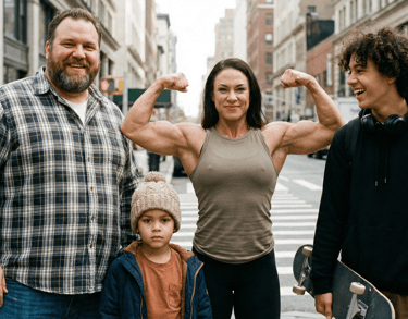 A muscular female bodybuilder flexing her biceps while standing with her family on a busy city street.