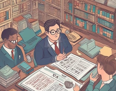 Close-up of hands working on financial documents and a laptop.