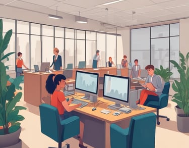 Close-up of hands working on financial documents and a laptop.