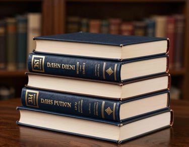 A stack of three hardcover books with elegant typography on the spines, placed on a dark wooden table in a sophisticated Indian home library.