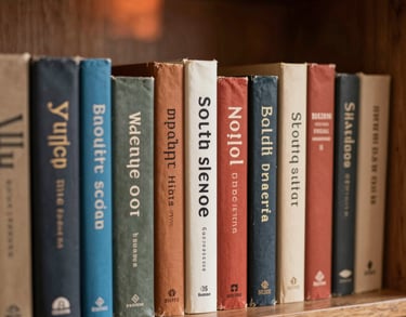 A shelf full of books with a focus on one title, warm wood textures, and a subtle terracotta glow in the background of a South Asian home.