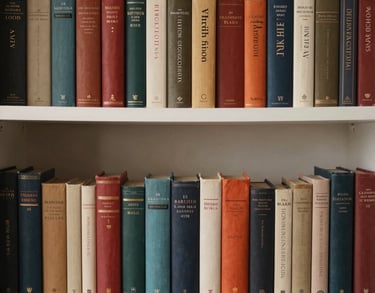 A bookshelf featuring a diverse collection of literature with a soft-focus background of a sophisticated South Asian living room.