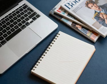 An overhead shot of a laptop, a notebook, and a scattered collection of literary magazines on a dark blue surface, sophisticated lighting.