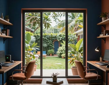 Photography of a modern South Asian study room with a large window overlooking a lush garden. The lighting is soft and inviting, with a deep blue and terracotta color palette in the decor.
