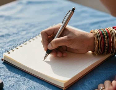 Close-up of a woman's hand in South Asian bangles holding a pen over a notebook, surrounded by light blue and dark blue textures, warm afternoon sunlight.