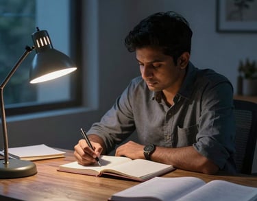 Atmospheric shot of a South Asian writer's workspace at twilight, featuring a glowing lamp, open notebooks, and deep blue and muted blue shadows.
