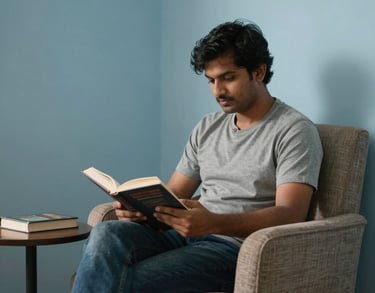 Photography of a peaceful South Asian reading corner with a comfortable armchair, a small side table with a book, and soft light blue walls.