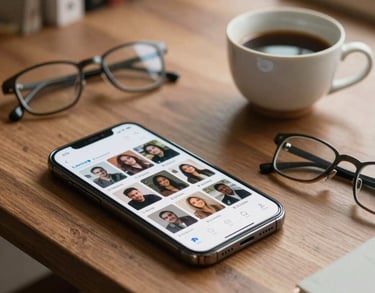A stylishly arranged desk featuring a smartphone showing social media feeds, a ceramic tea cup, and a pair of reading glasses in a well-lit South Asian apartment.