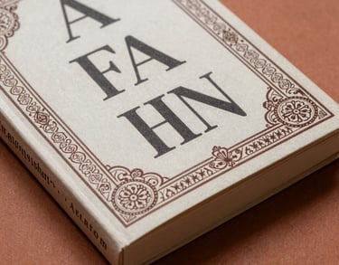A close-up of a book cover with elegant Indian-inspired patterns and bold typography, sitting on a terracotta colored surface.