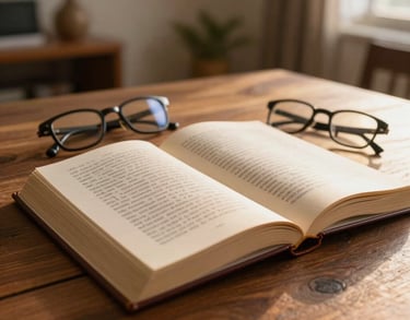 Photography of an open book on a wooden table with a pair of glasses, captured in a warm, inviting South Asian home during golden hour.