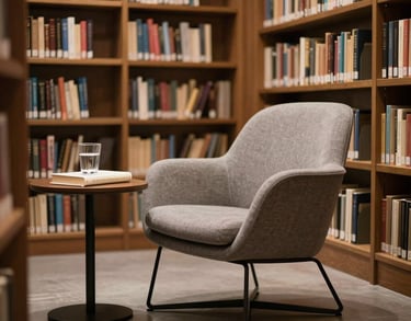 A quiet corner of a modern South American library with a single designer chair and a small side table holding a glass of water and a book. Calm, sophisticated mood.