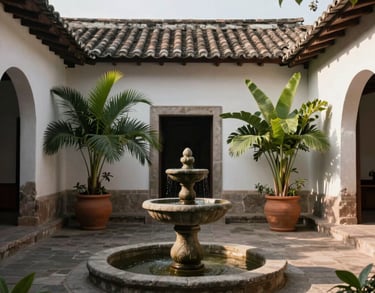 A quiet courtyard with a small stone fountain and lush green plants in large clay pots. Traditional but minimalist South American architecture, soft afternoon shadows.