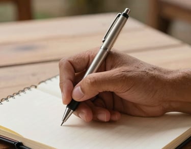 A close-up of a writer's hand holding a delicate pen over a notebook. The skin is captured with soft detail, set against a background of a light-colored wooden table in a South American patio.