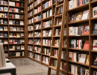 Interior shot of a sophisticated bookstore with floor-to-ceiling shelves and a ladder. The atmosphere is quiet, intellectual, and high-end, focusing on poetry and fine arts sections.