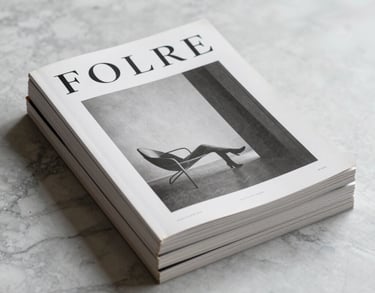Minimalist photography of a stack of literary magazines on a marble surface. The covers feature clean typography and artistic black and white photography. Soft, elegant studio lighting.