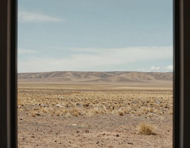 A panoramic view of a minimalist South American landscape seen through a clean glass window. Subtle colors of earth and sky, reflecting a calm poetic mood.