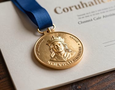 Close-up of a literary award medal or certificate on premium textured paper, resting on a dark wood surface. Subtle lighting highlighting the professional achievement.