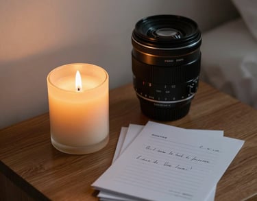 Close-up of a lit candle and a small pile of letters on a wooden bedside table. Warm, intimate lighting, evocative of a late-night writing session.