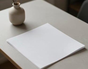A minimalist writer's desk with a simple ceramic vase containing dried flowers. The lighting is soft and artistic, focusing on the texture of the white paper on the desk. Neutral color palette.