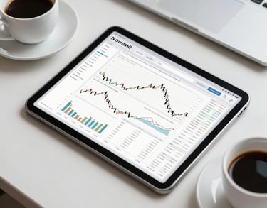 A professional desk setup featuring a tablet displaying complex financial data and a cup of coffee. Clean, efficient corporate aesthetic, North American / US.