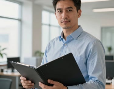 Portrait of a financial analyst holding a professional folder, looking at the camera with an expression of expertise. Bright office interior, North American / US.