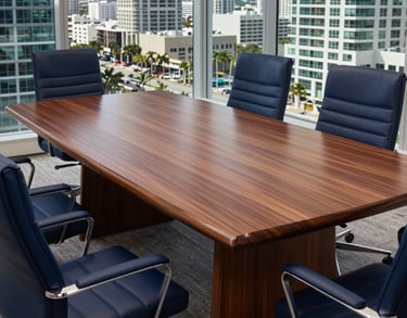 A detailed shot of a sleek mahogany meeting table with modern navy blue chairs in a high-rise office overlooking a Florida cityscape. North American / US.
