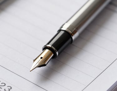 A close-up of a high-end fountain pen resting on a detailed financial ledger in a bright Florida office. Sharp focus, sophisticated textures, North American / US.