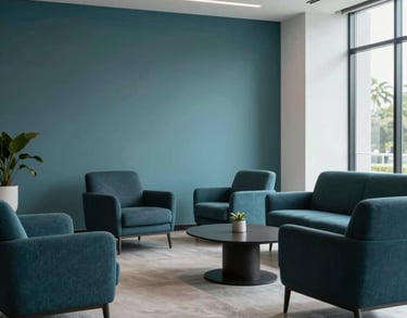 Wide shot of a minimalist, modern corporate lounge in a Florida office park with teal and dark navy furnishings. Sophisticated and clean, North American / US.