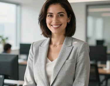 Portrait of a smiling professional woman in a light gray blazer standing in a sunny, modern office environment. Professional, North American / US.
