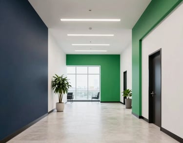 A brightly lit Florida office lobby with high ceilings and minimalist decor featuring dark navy and emerald green accents. Professional, North American / US.