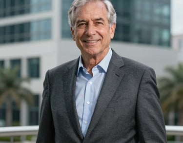 Portrait of a senior executive in a dark gray suit standing against a soft-focus background of a modern Florida office building. Professional and trustworthy, North American / US.