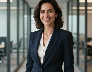 Portrait of a professional woman in a dark navy blazer, smiling confidently in a modern glass-walled office corridor. Professional, North American / US.