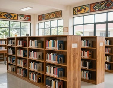 Photography of a modern elementary school library in Indonesia with wooden bookshelves and bright, natural lighting from large windows, featuring Southeast Asian design elements.