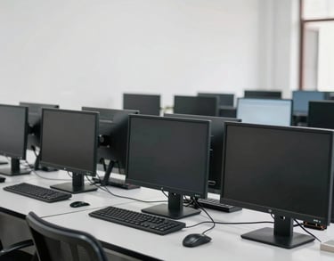 Clean and organized computer lab in an Indonesian primary school with flat-screen monitors and ergonomic chairs, bright interior with white walls.