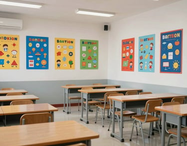 A spacious and bright modern classroom in Indonesia, featuring colorful educational posters on the walls and organized student desks.