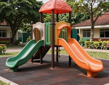 A well-maintained, clean outdoor playground of an Indonesian school with modern equipment, surrounded by green trees and a safe rubber flooring under bright daylight.
