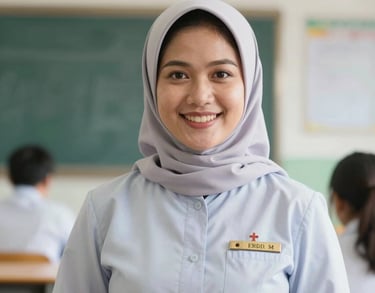 Professional portrait of a female Indonesian teacher in her thirties wearing a professional uniform, smiling warmly in a bright classroom setting.