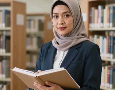 Portrait of a female Southeast Asian teacher in her forties, wearing a hijab and professional uniform, holding a notebook in a modern library.